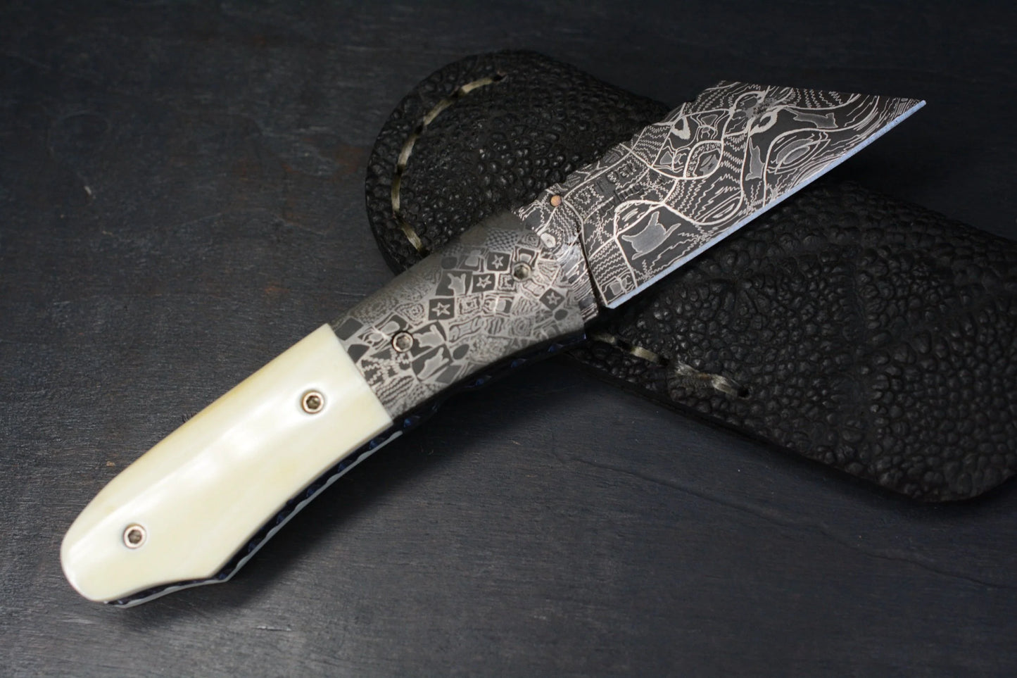 Burr Oak Knives Mini Combat Utility Knife Walrus Ivory (2.5" Mosaic Damascus) - Elephant Sheath