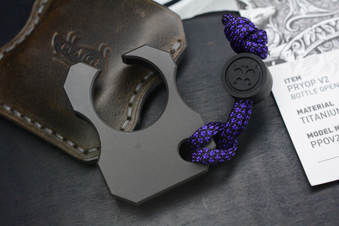 RARE Playge Pryop V2 Bottle Opener / Pry - Titanium w/ Leather Sheath & Skall