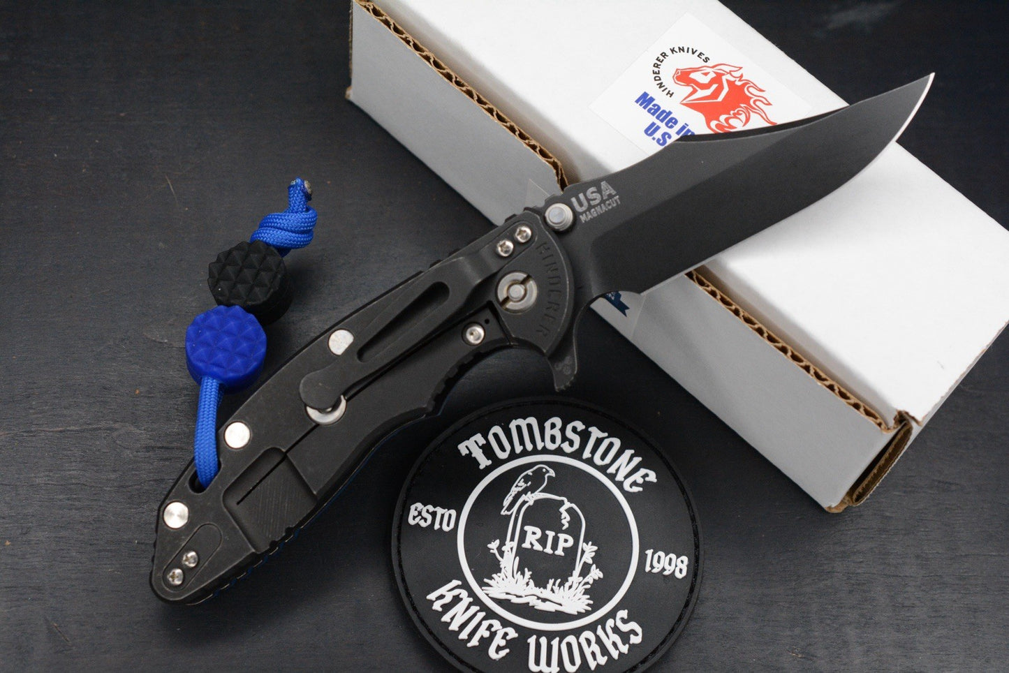 NEW Hinderer XM-18 3.5 BOWIE Battle Black Ti-Blue G10 Magna Blade w/ JRW Beads