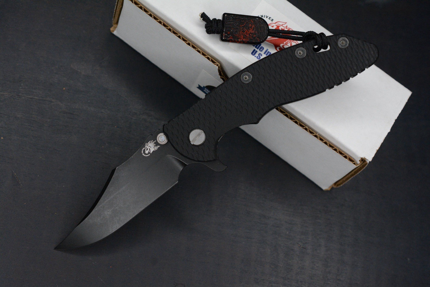 RARE Hinderer XM-18 Battle Black Magnacut Bowie/ G10 w/ Splatter Tombstone Bead