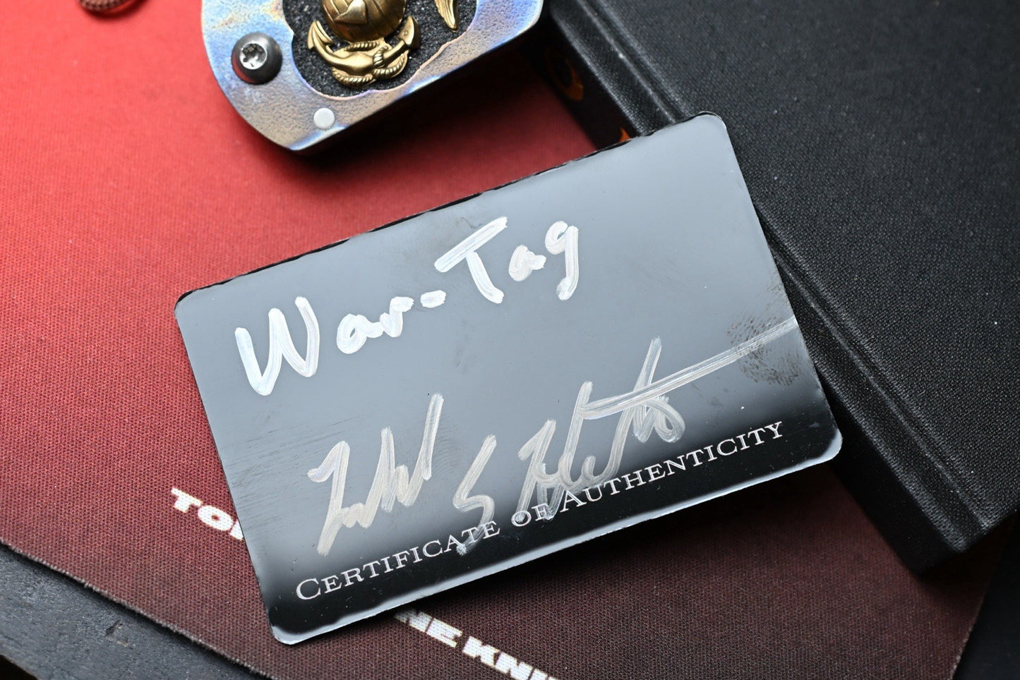 CUSTOM Heeter Knife Works War Tag Knife - Flames Ti / Eagle Globe Anchor Inlay