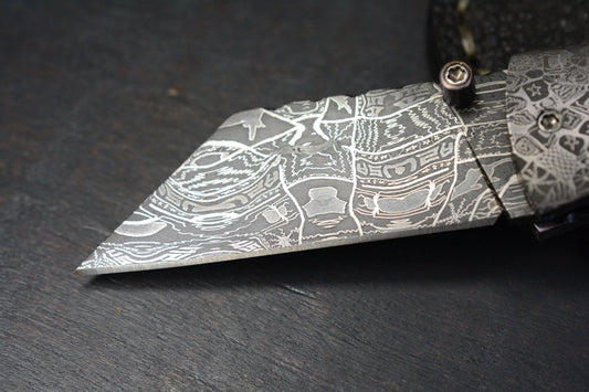 RARE CUSTOM Burr Oak Knives Mini Combat Utility Knife Walrus Ivory (2.5" Mosaic Damascus) - Elephant Sheath