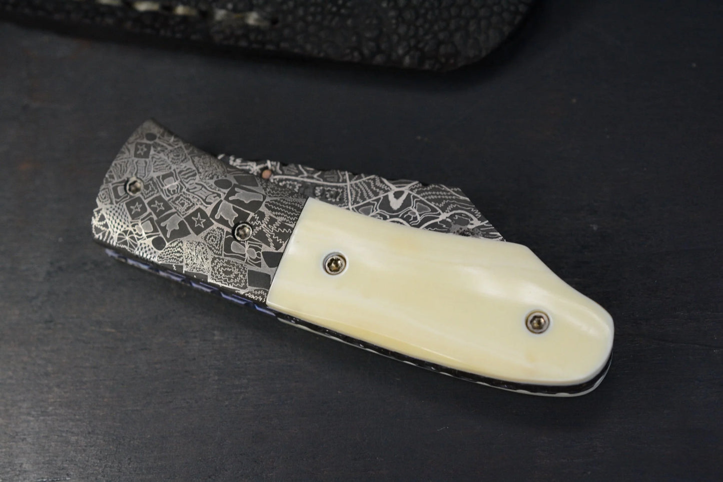 Burr Oak Knives Mini Combat Utility Knife Walrus Ivory (2.5" Mosaic Damascus) - Elephant Sheath