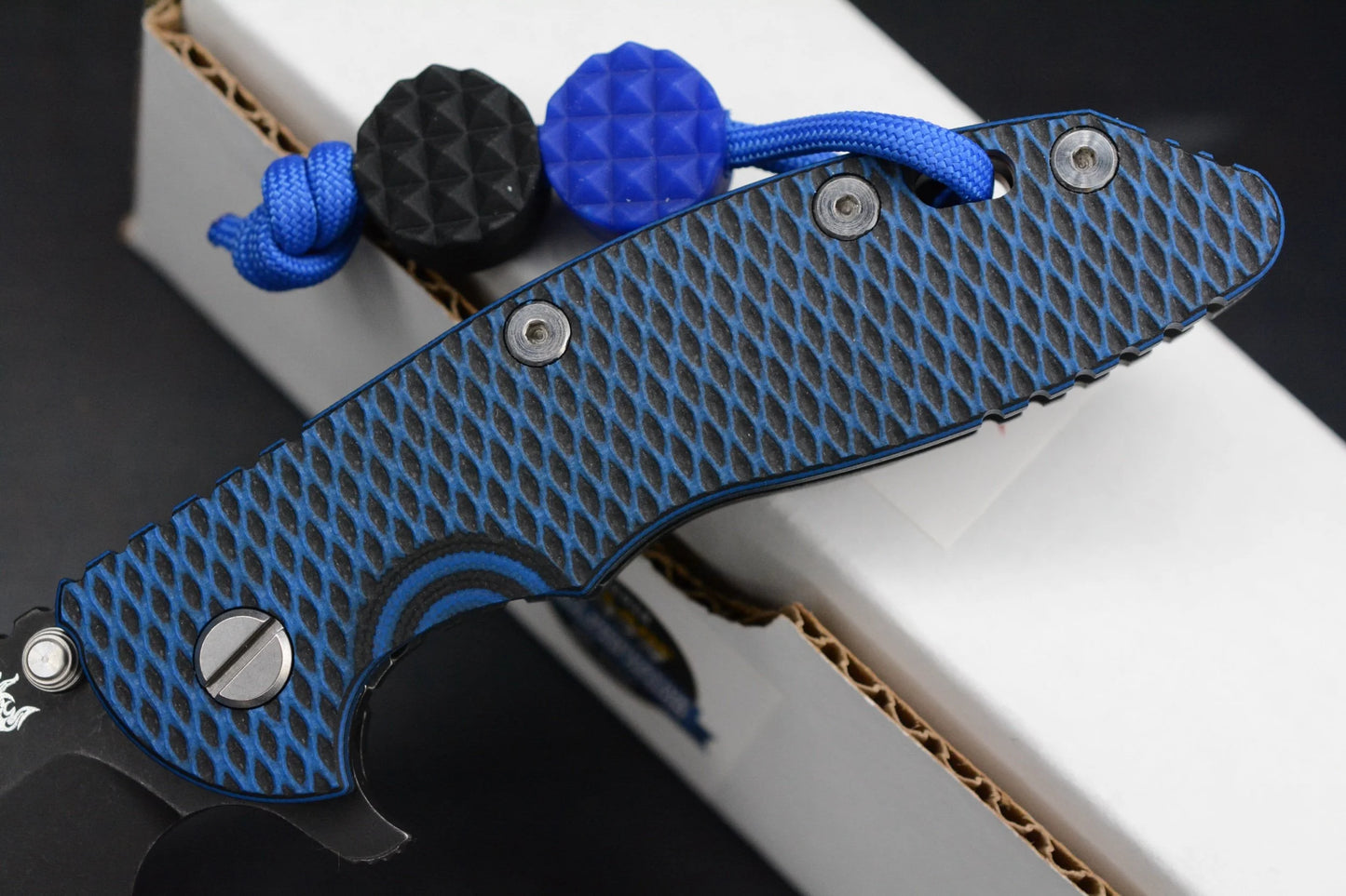 NEW Hinderer XM-18 3.5 BOWIE Battle Black Ti-Blue G10 Magna Blade w/ JRW Beads