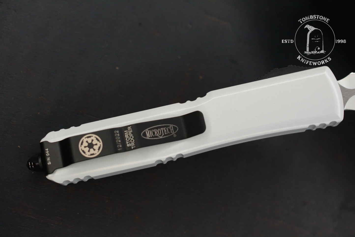Microtech Ultratech D/E Storm Trooper White Deep Engraved Full Serrated SnN 044