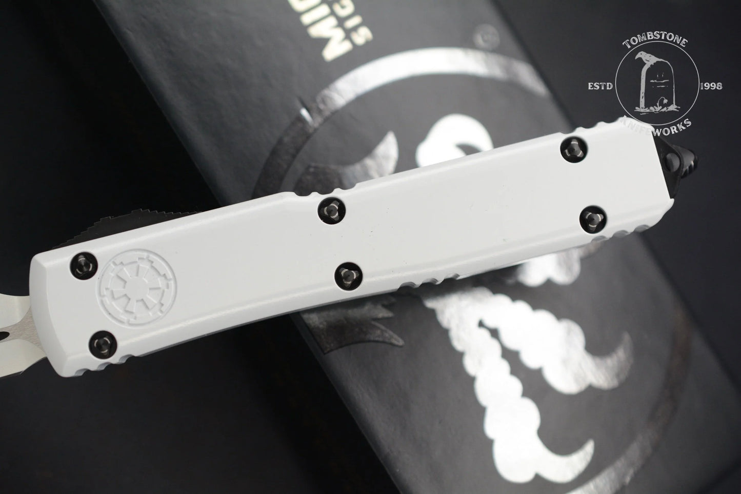 Microtech Ultratech D/E Storm Trooper White Deep Engraved Full Serrated SnN 044