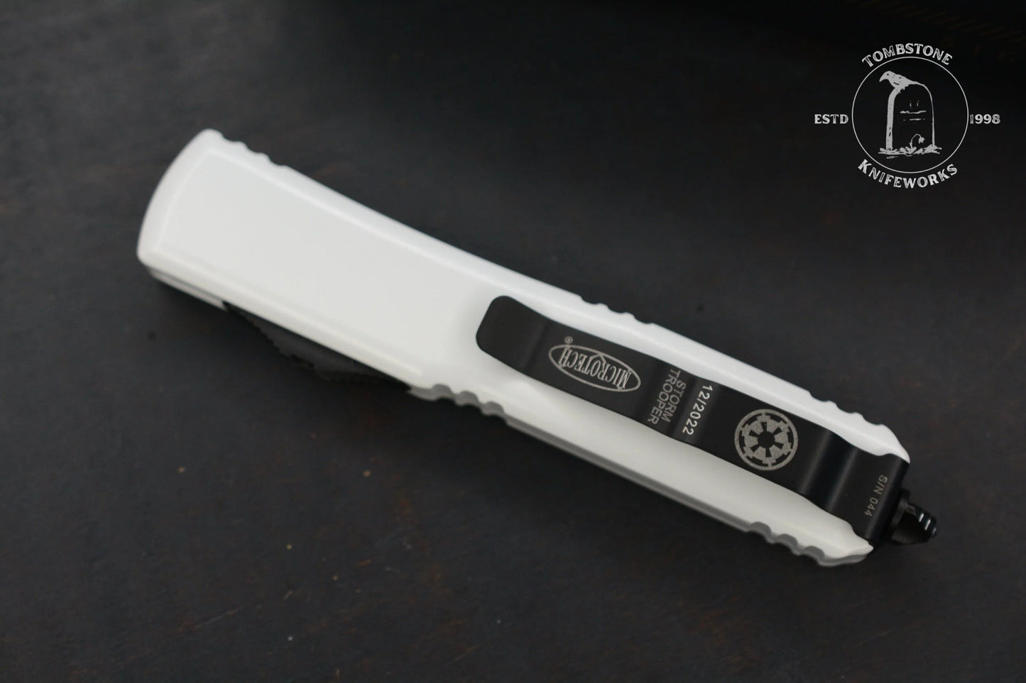 Microtech Ultratech D/E Storm Trooper White Deep Engraved Full Serrated SnN 044