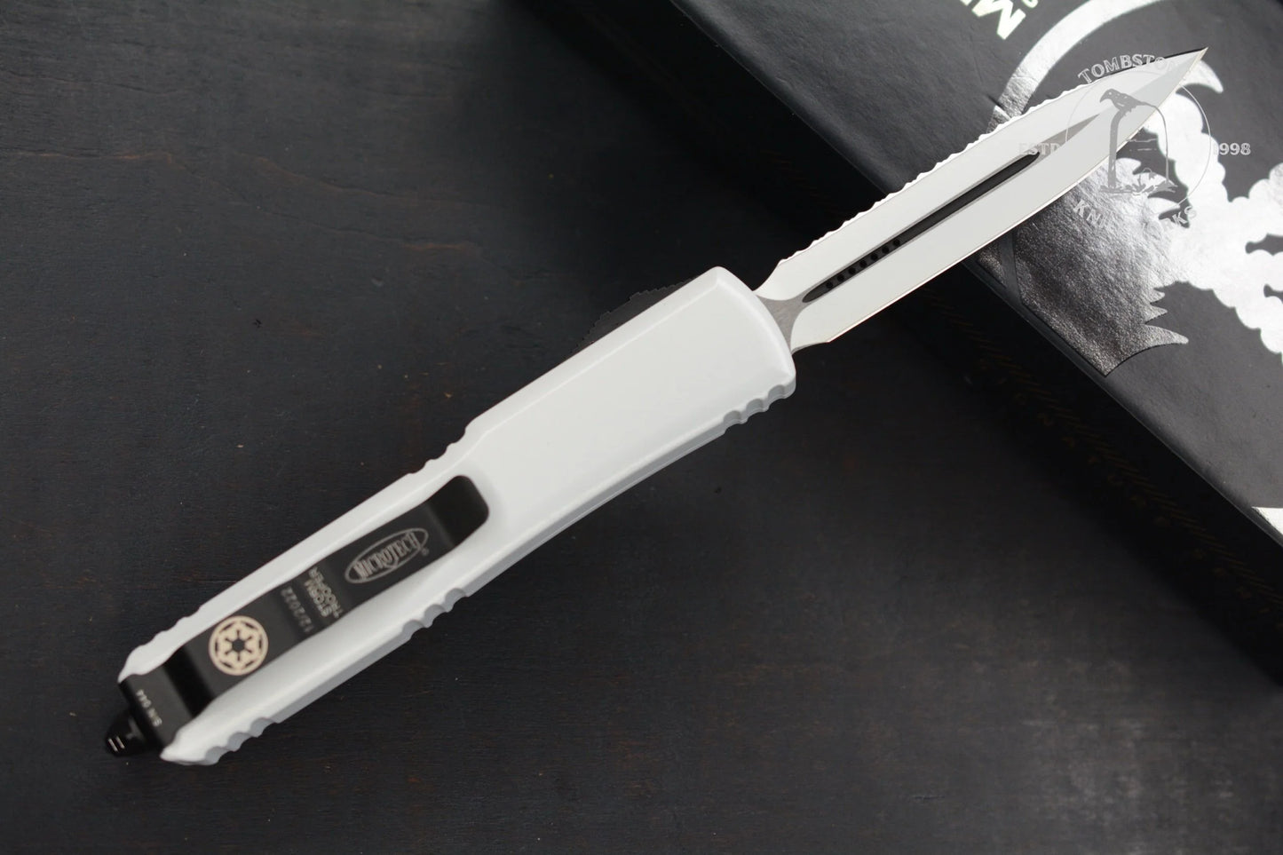 Microtech Ultratech D/E Storm Trooper White Deep Engraved Full Serrated SnN 044