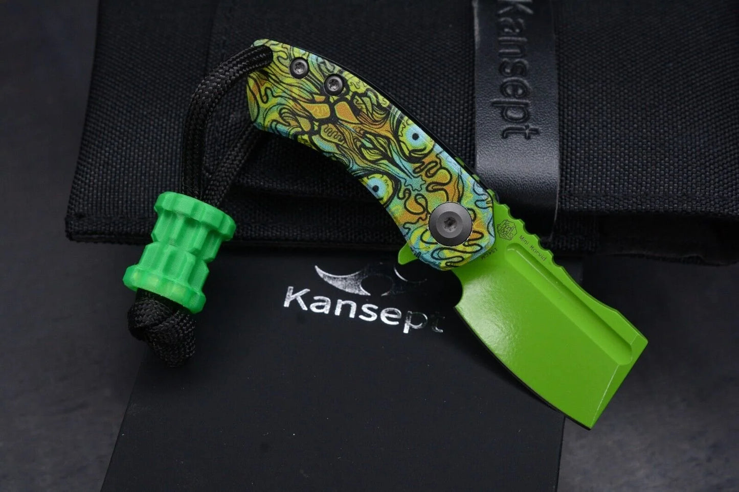 Koch x Kanscept Mini Korvid Undead G10 Green Blade w/ Koch Shamrock Bead & Patch