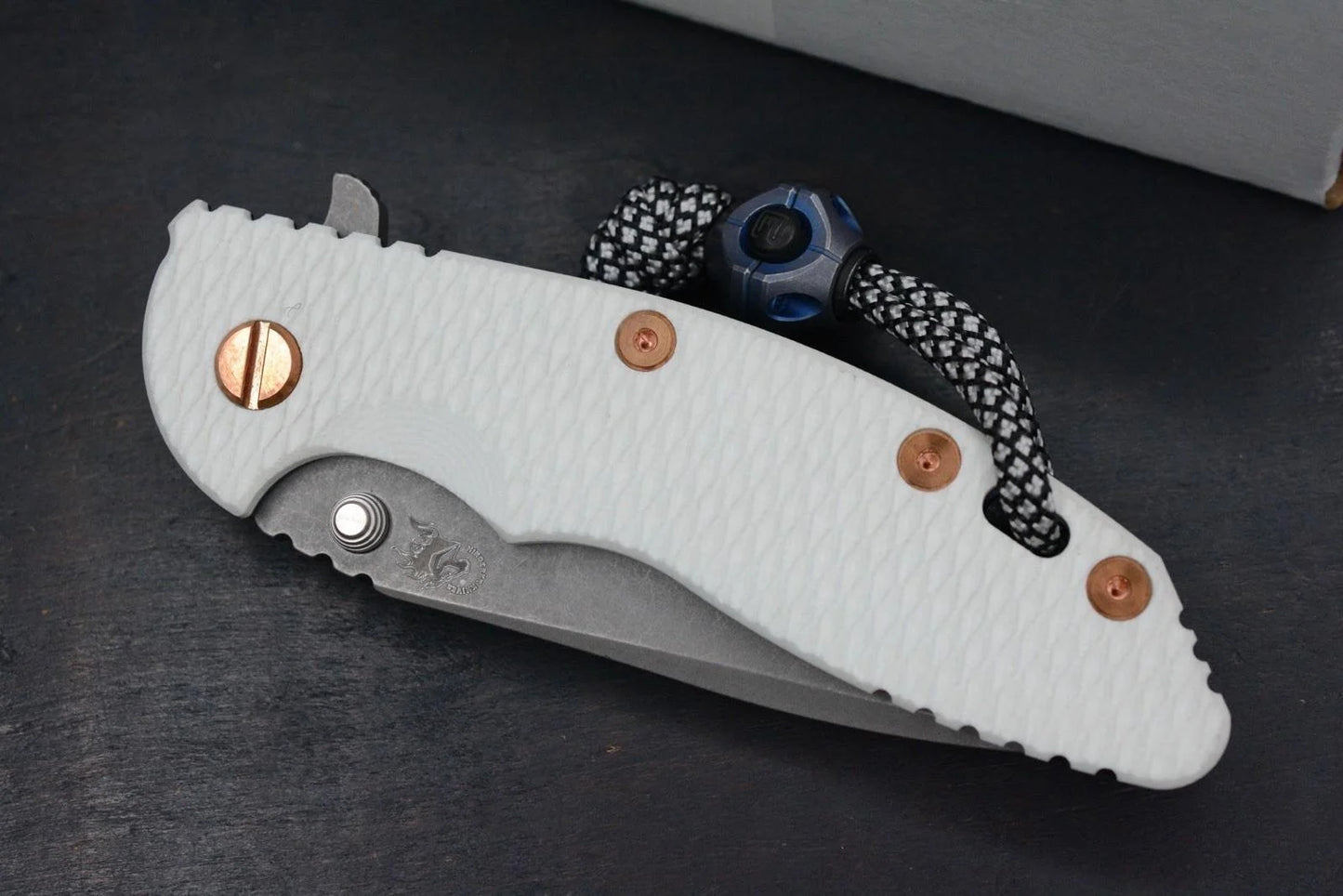 RARE Hinderer Spec Assembly XM-18 3.5” Spanto Battle Blue/Copper HDW / White G10