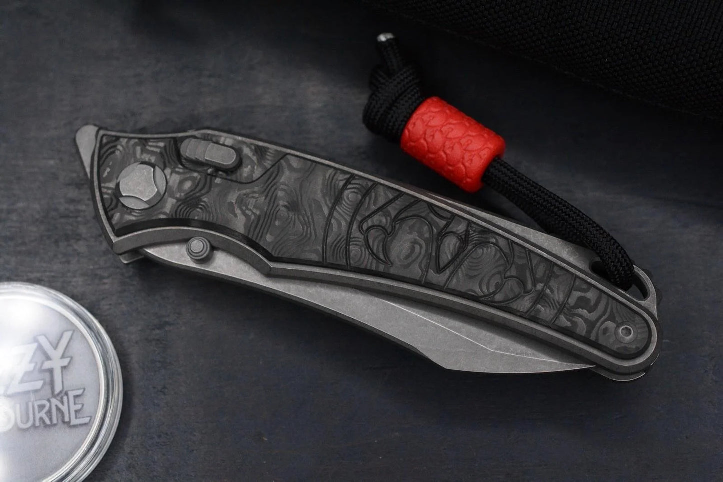 RARE G&G Hawk Talon M390 Ti Carbon Inlay Black Dunes w/ Playge Bead & Ozzy Coin
