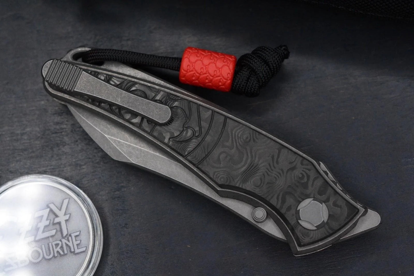 RARE G&G Hawk Talon M390 Ti Carbon Inlay Black Dunes w/ Playge Bead & Ozzy Coin
