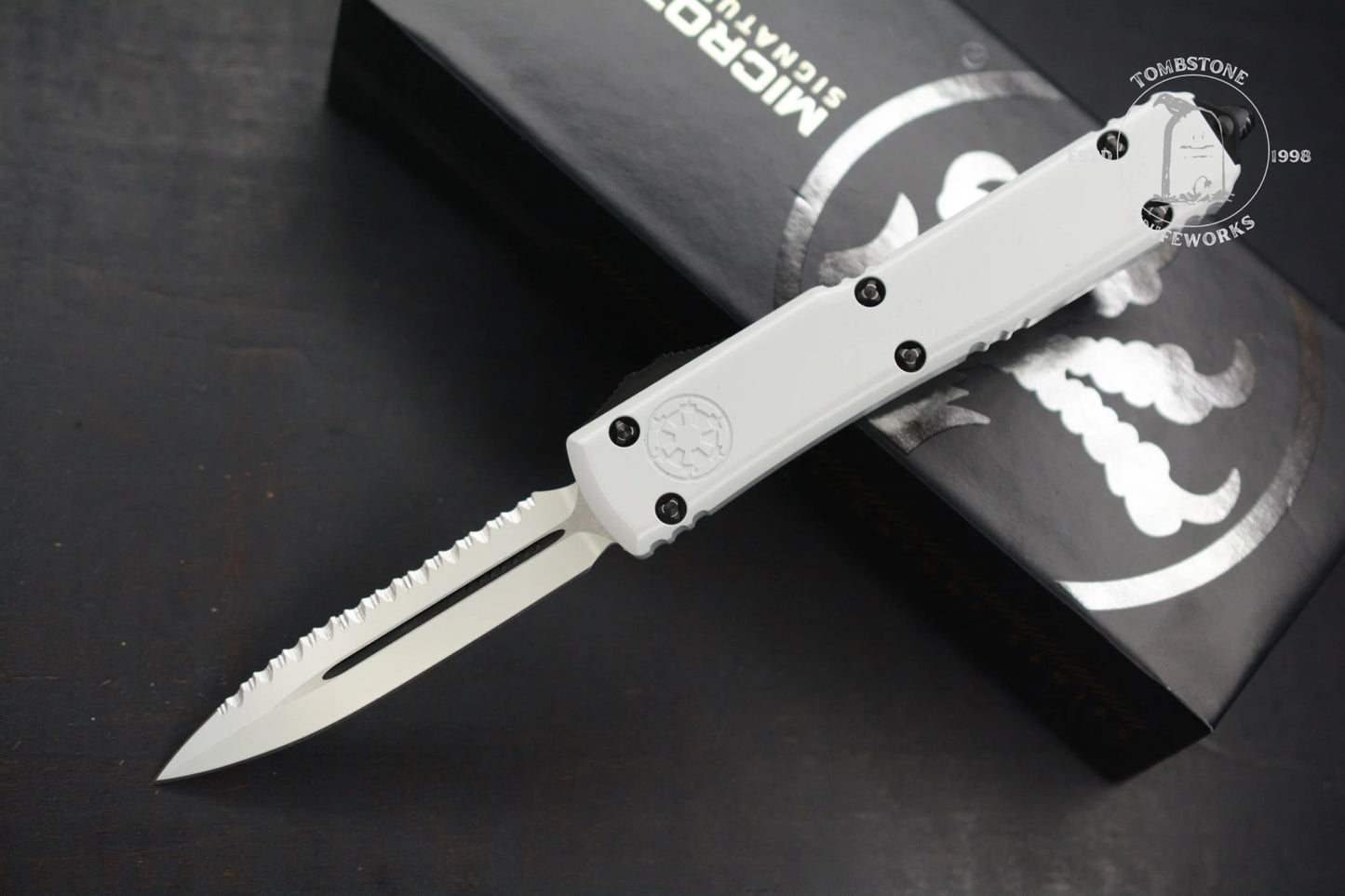 Microtech Ultratech D/E Storm Trooper White Deep Engraved Full Serrated SnN 044