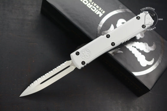 Microtech Ultratech D/E Storm Trooper White Deep Engraved Full Serrated SnN 044