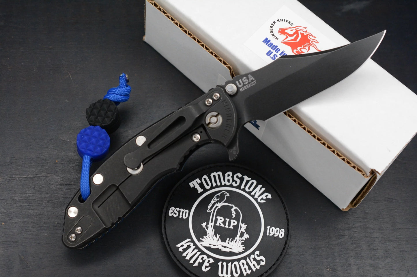 NEW Hinderer XM-18 3.5 BOWIE Battle Black Ti-Blue G10 Magna Blade  w/ JRW Beads