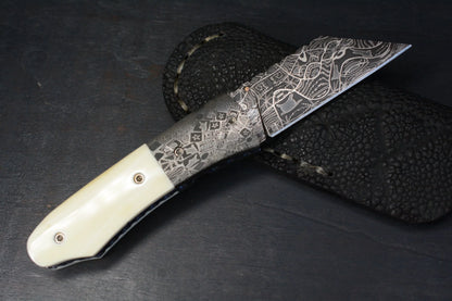 Burr Oak Knives Mini Combat Utility Knife Walrus Ivory (2.5" Mosaic Damascus) - Elephant Sheath