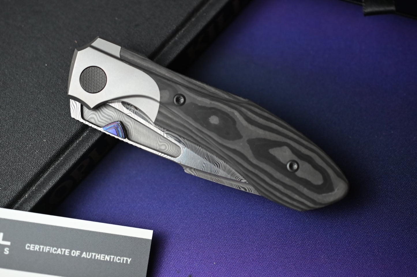 NEW Null Knives Voodoo Doll - Damasteel / Black Camo CF w/ Custom Timascus HDW