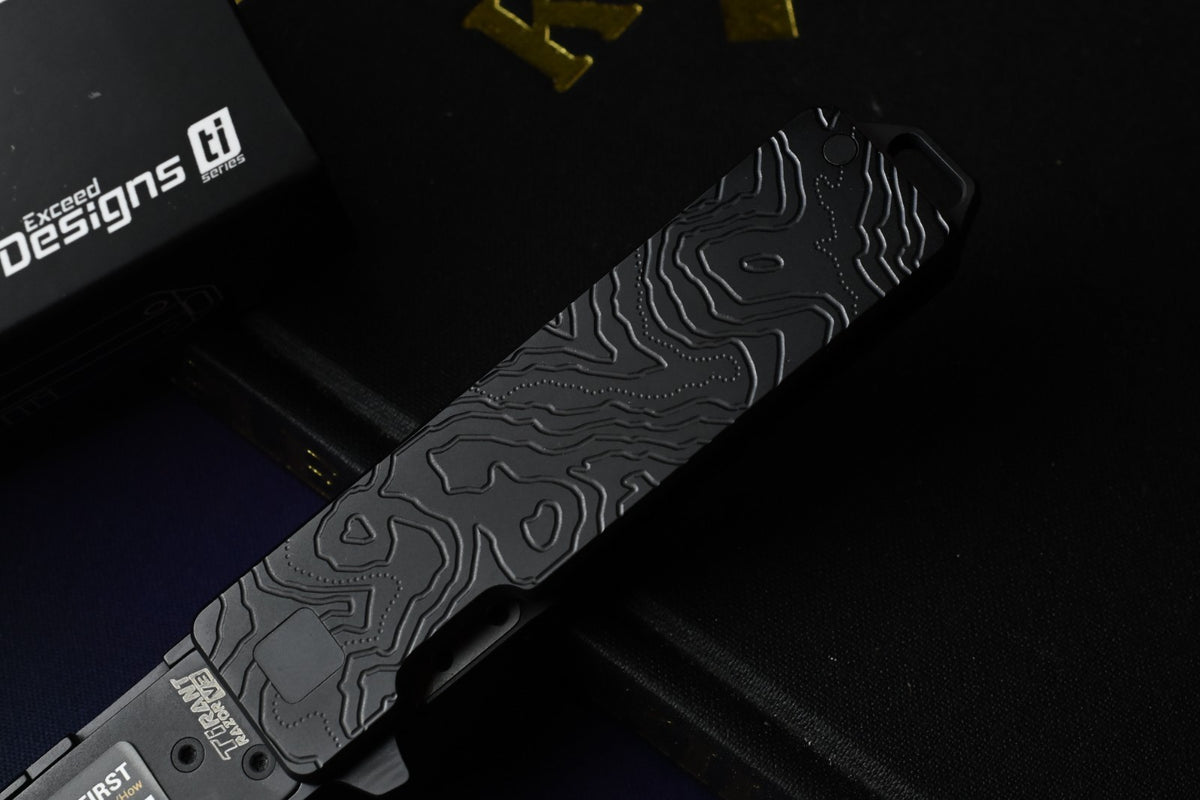NEW Exceed Designs TiRant Razor V3 Frame Lock - Black PVD Topo / Laser Etched