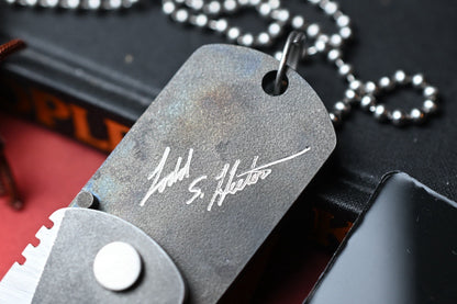 CUSTOM Heeter Knife Works War Tag Knife - Flames Ti / Eagle Globe Anchor Inlay
