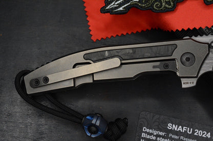 RARE Custom Knife Factory Rassenti SNAFU 4.0 CF Inlay 3.9” M398 Integral Hdle