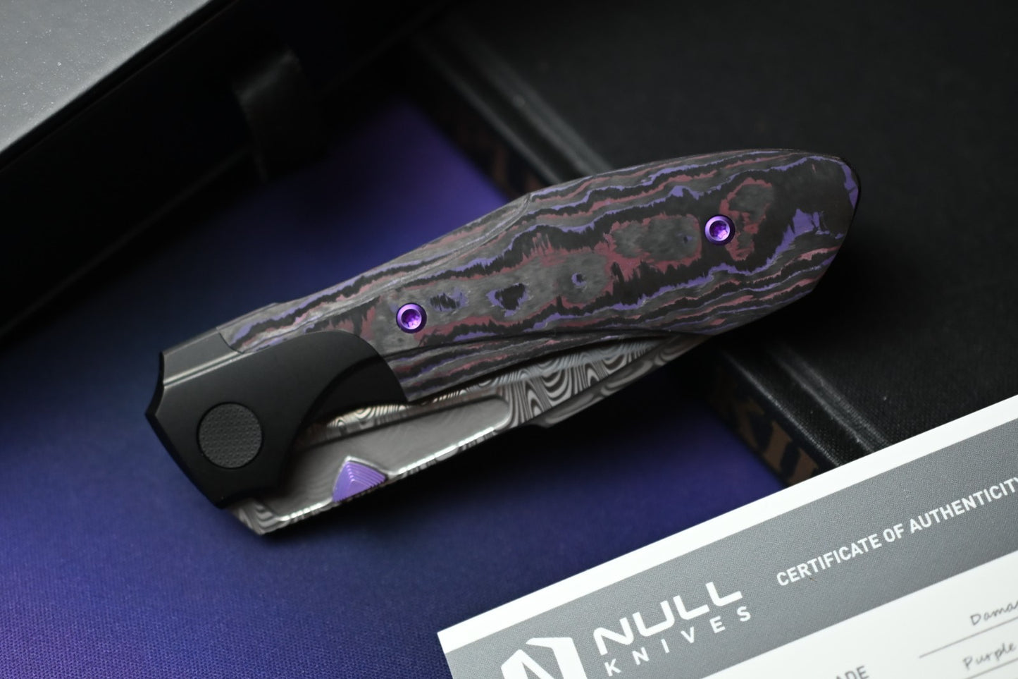 NEW Null Knives Voodoo Doll - Acid Wash Damasteel / Purple Haze Carbon Fiber