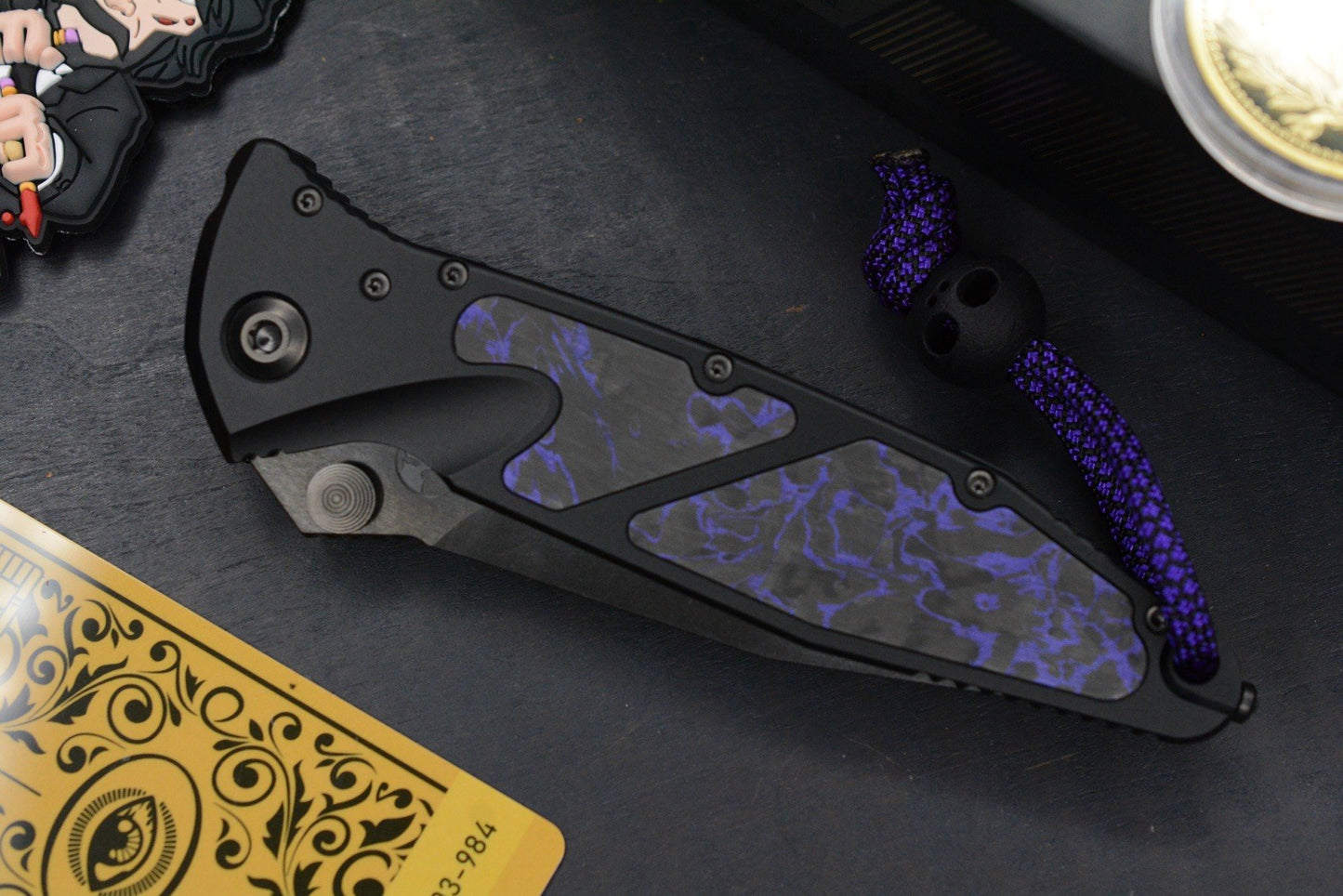 RARE Microtech Socom DLC Spike Grind Purple Haze Fat CF w/ Playge Bead/Wick Pack