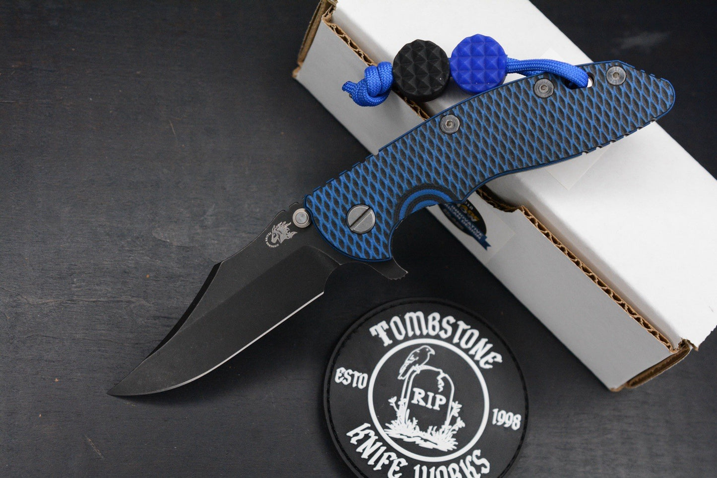 NEW Hinderer XM-18 3.5 BOWIE Battle Black Ti-Blue G10 Magna Blade  w/ JRW Beads