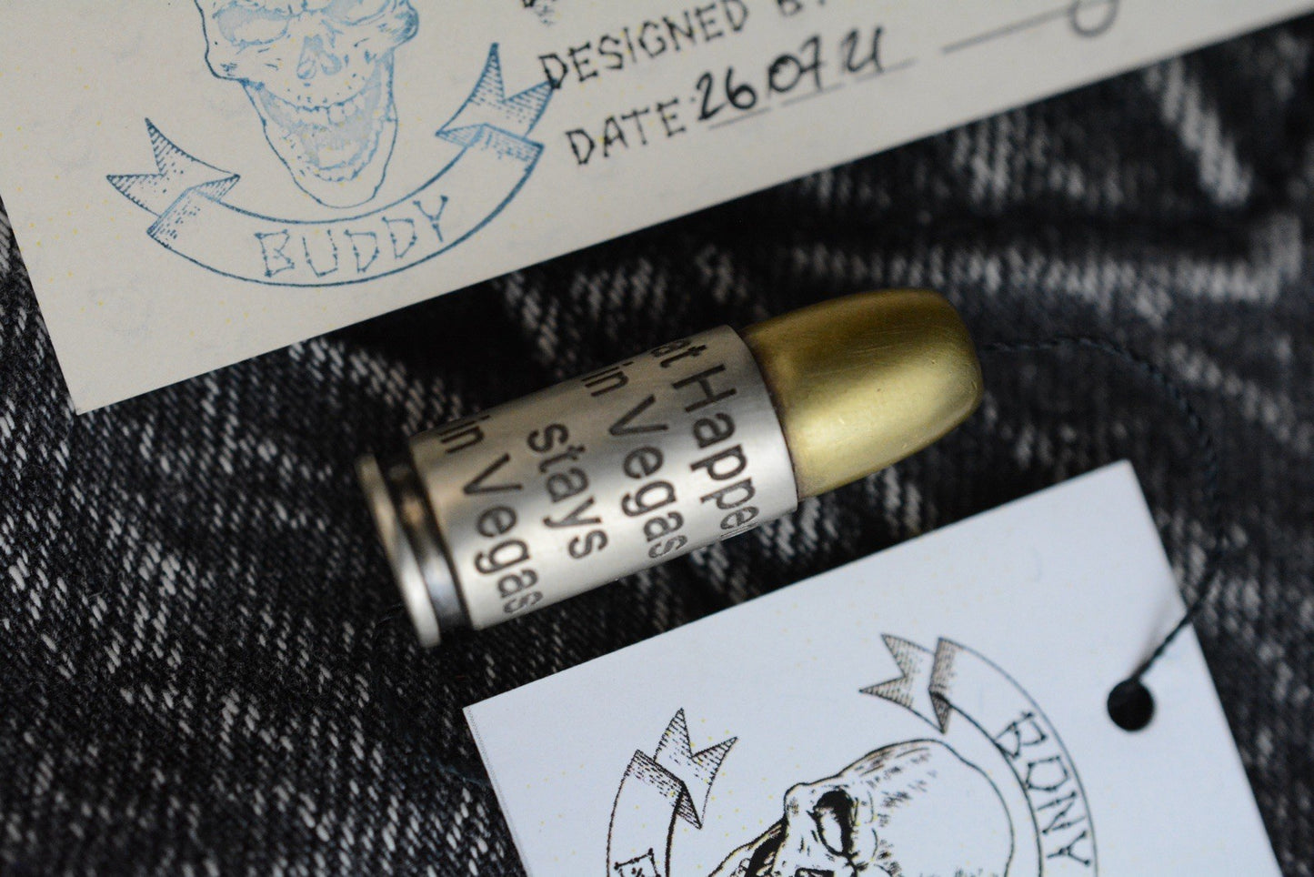 RARE++ Bony Buddy Bullet Engraved “What Happens In Vegas” Brass & Bronze w/ COA