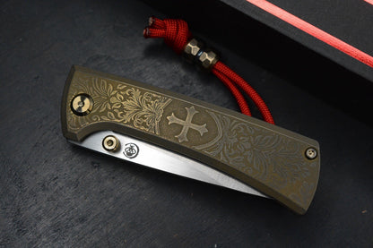 CUSTOM Chaves RCK9 Crusader Blade Show Exc Ti - Belt Satin DP M390 w/ Brass Bead