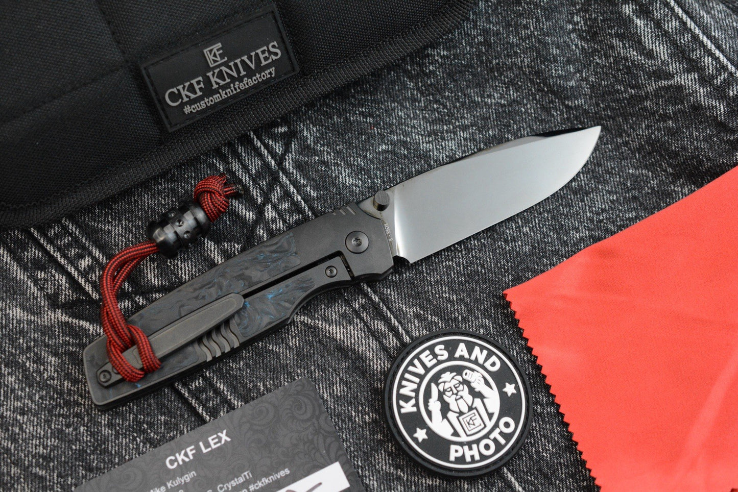 RARE Custom Knife Factory Lex - Blue CF Inlay / High Polish Black DLC M398 SN009