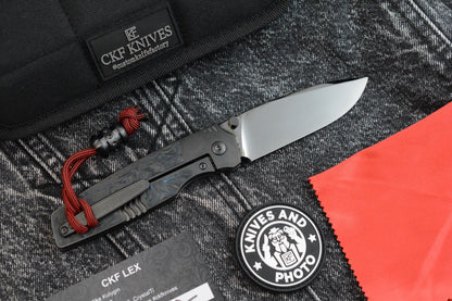RARE Custom Knife Factory Lex - Blue CF Inlay / High Polish Black DLC M398 SN009