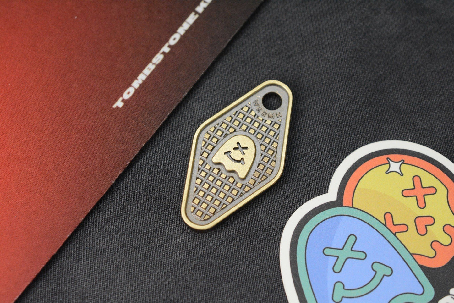 NEW WKRMN DESIGN BLACKENED FRAG TAG w/ Custom Brass Carabiner