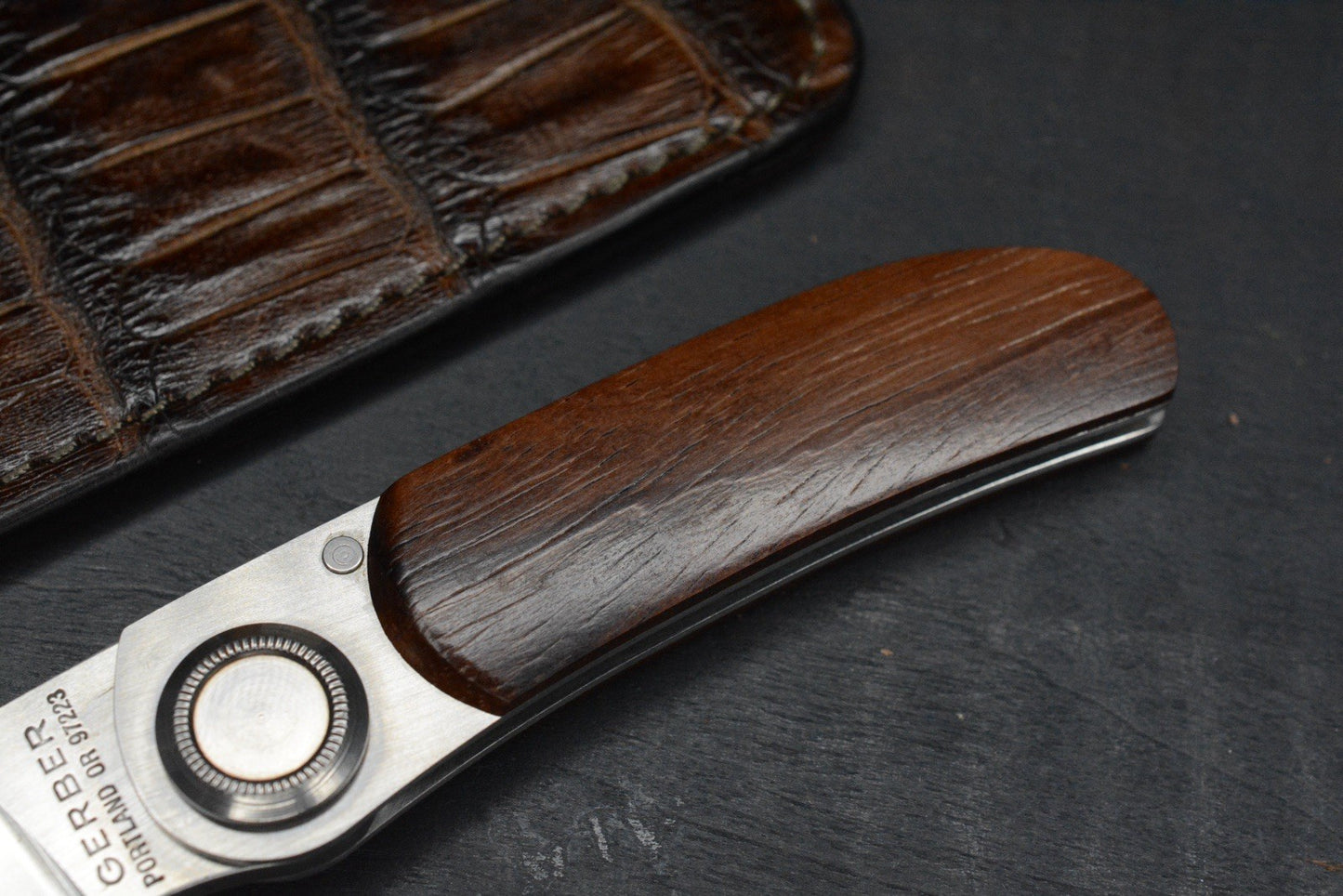 RARE Gerber Paul Knife 2PW Cocobolo Wood Handles w/ Robertson Gator Sheath