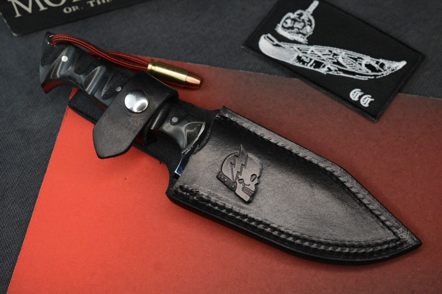 CUSTOM Crimson Bushcraft Mirror Polish Hollow Grind Textured Black Micarta