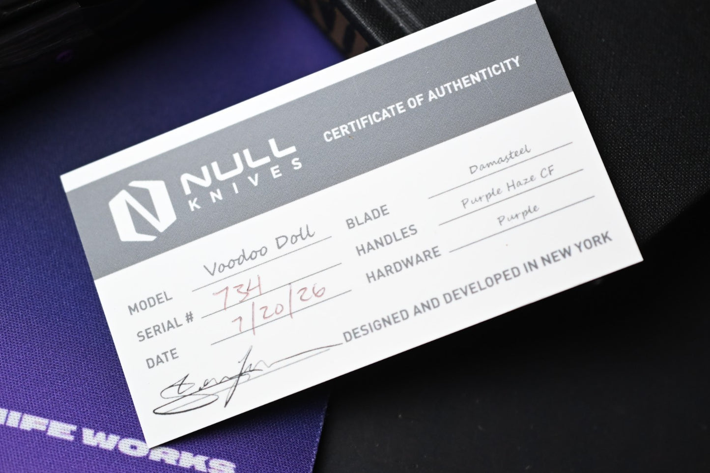 NEW Null Knives Voodoo Doll - Acid Wash Damasteel / Purple Haze Carbon Fiber
