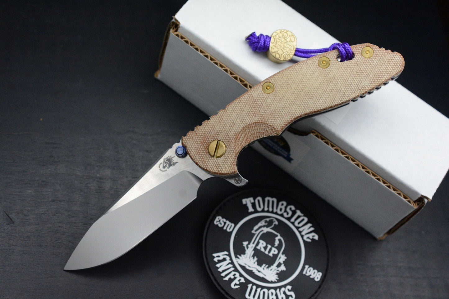 RARE Hinderer Spec Assembly XM-18 2-Tone/ Natural Micarta / Purple BB Brass Hdw