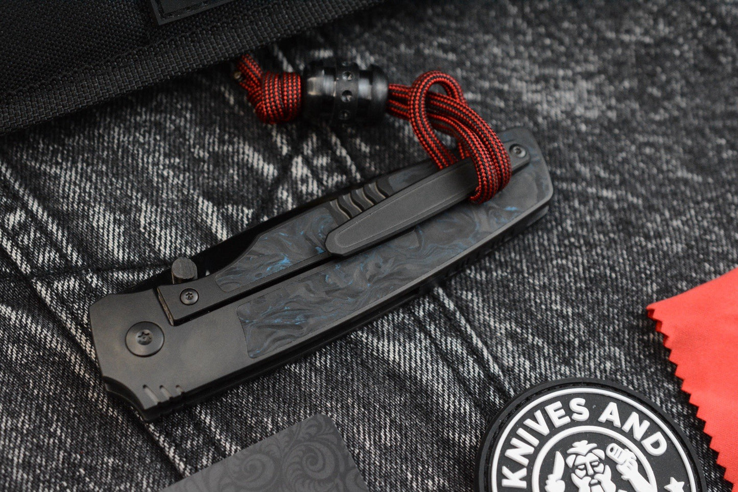 RARE Custom Knife Factory Lex - Blue CF Inlay / High Polish Black DLC M398 SN009