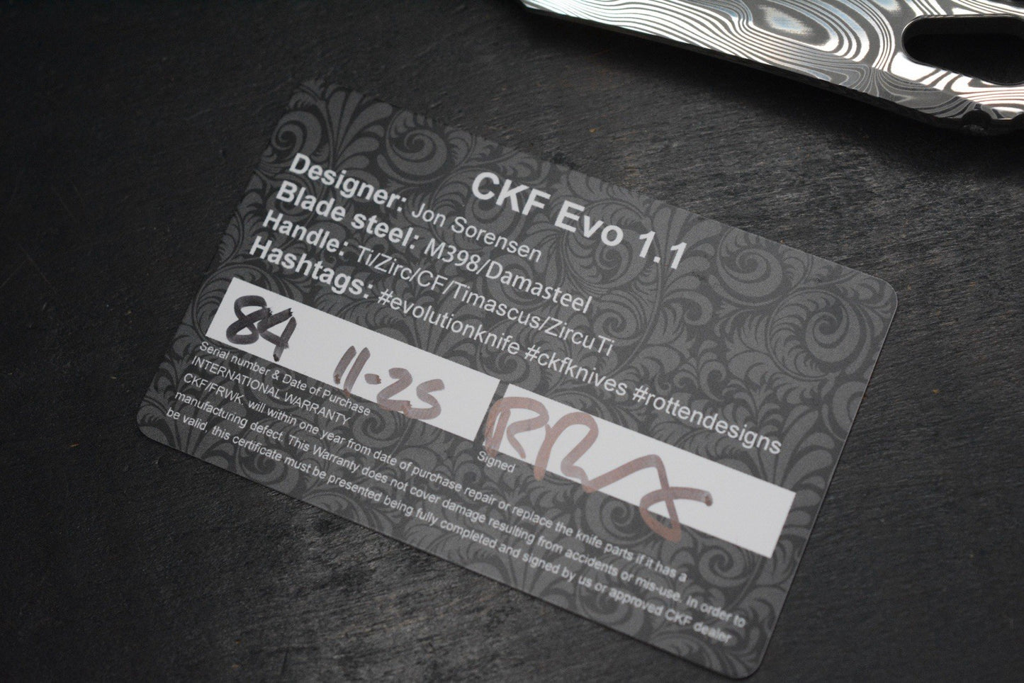 RARE Custom Knife Factory Rotten Evo 1.1 Full Dress Zircuti & Damasteel