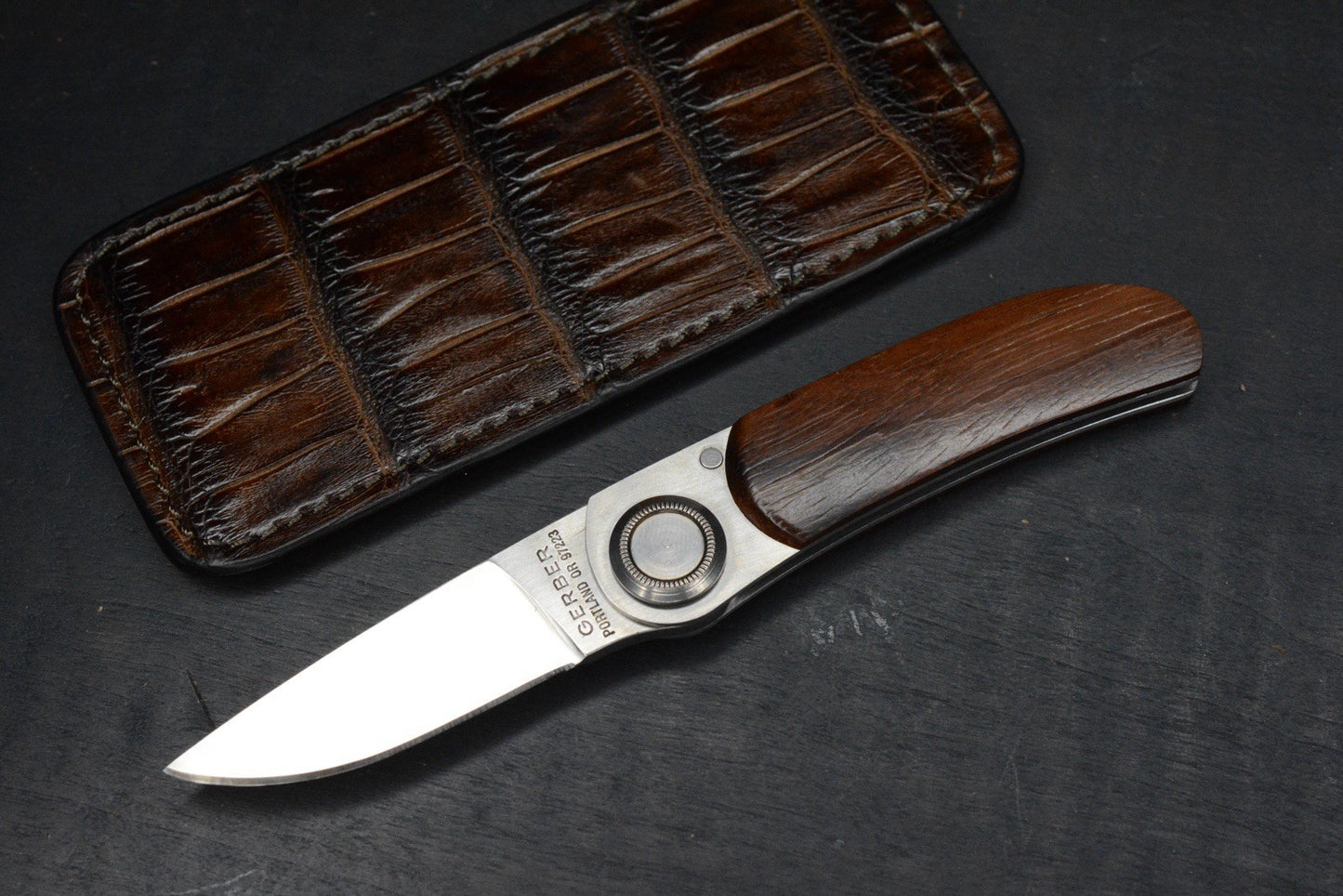 RARE Gerber Paul Knife 2PW Cocobolo Wood Handles w/ Robertson Gator Sheath