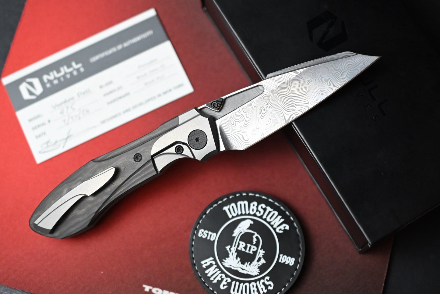 NEW Null Knives Voodoo Doll - Acid Wash Damasteel / Black Camo Carbon Fiber