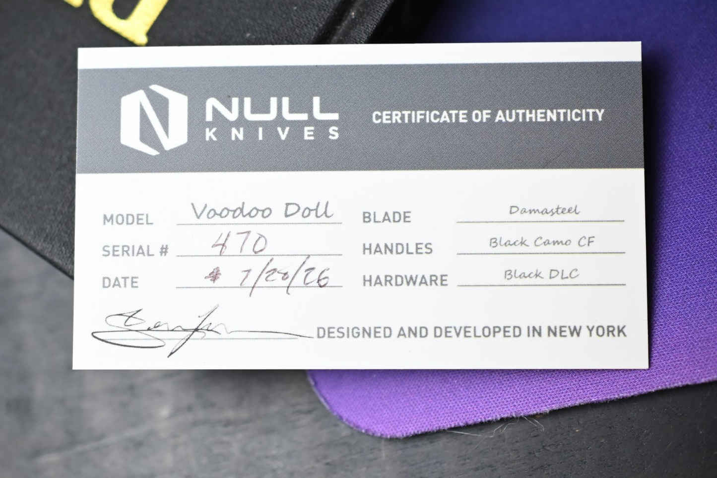 NEW Null Knives Voodoo Doll - Damasteel / Black Camo CF w/ Custom Timascus HDW