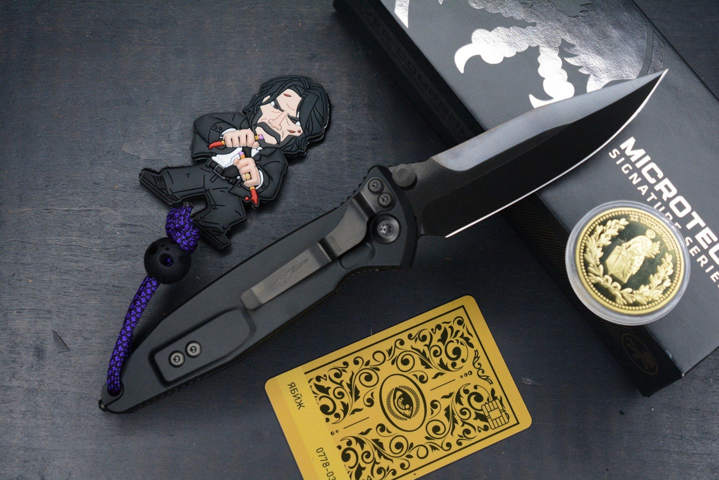 RARE Microtech Socom DLC Spike Grind Purple Haze Fat CF w/ Playge Bead/Wick Pack
