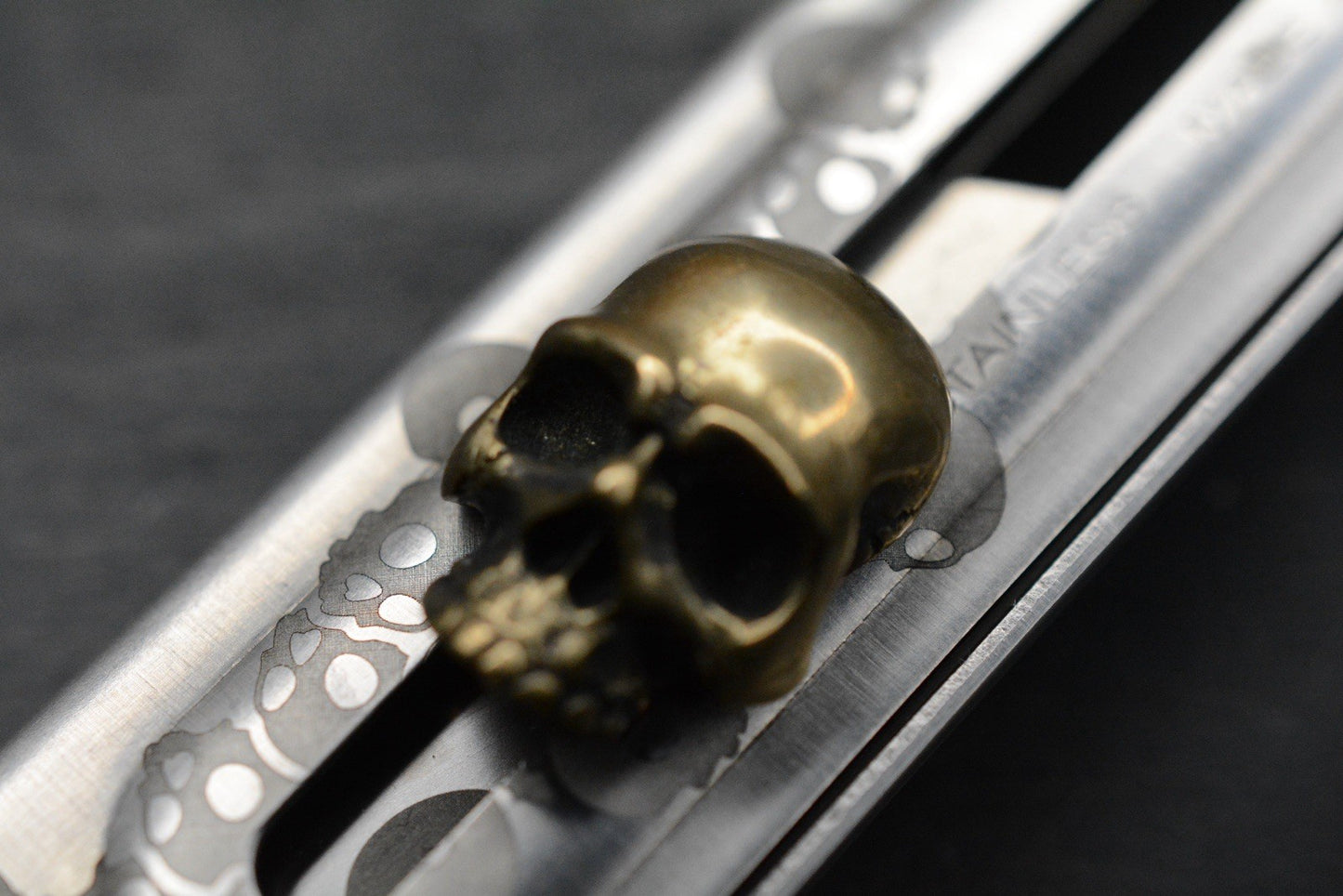 CUSTOM Apparatus EDC Utility Knife Skull Edition Titanium/ Brass & Rock Bead