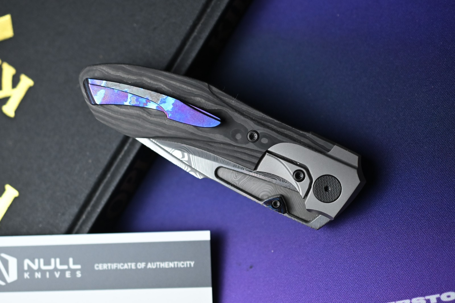 NEW Null Knives Voodoo Doll - Damasteel / Black Camo CF w/ Custom Timascus HDW