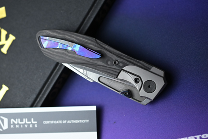 NEW Null Knives Voodoo Doll - Damasteel / Black Camo CF w/ Custom Timascus HDW