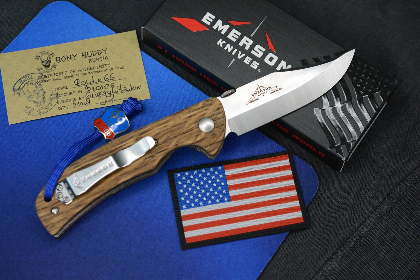 RARE Emerson Knives Liberty & Freedom - America 250 American Oak SN 37 of 50