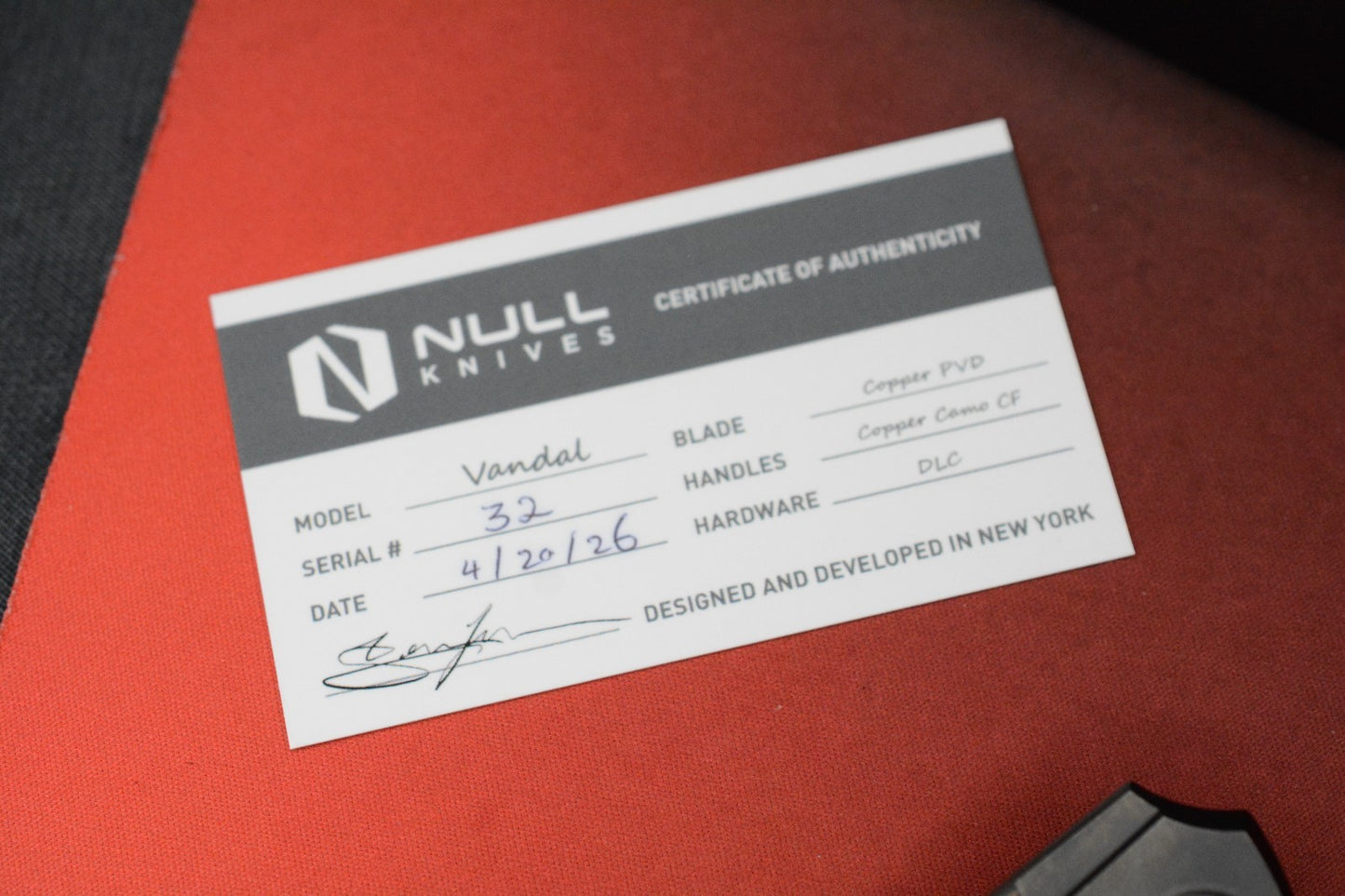 NEW Null Knives Vandal Knife Ti/Copper  PVD/ Camo Carbon Fiber SN 32 Of 50