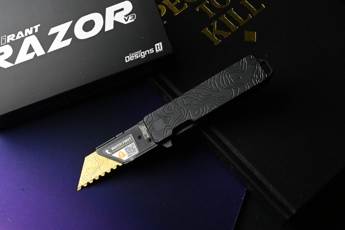 NEW Exceed Designs TiRant Razor V3 Frame Lock - Black PVD Topo / Laser Etched