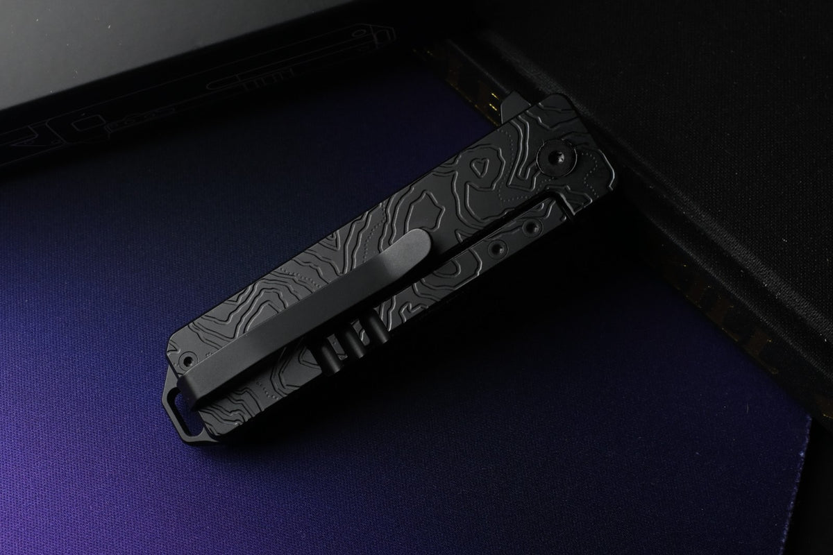 NEW Exceed Designs TiRant Razor V3 Frame Lock - Black PVD Topo / Laser Etched