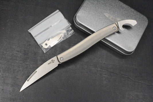 NEW D Rocket Designs Serpentine Slipjoint Ti M390 Wharncliffe Bottle Opener